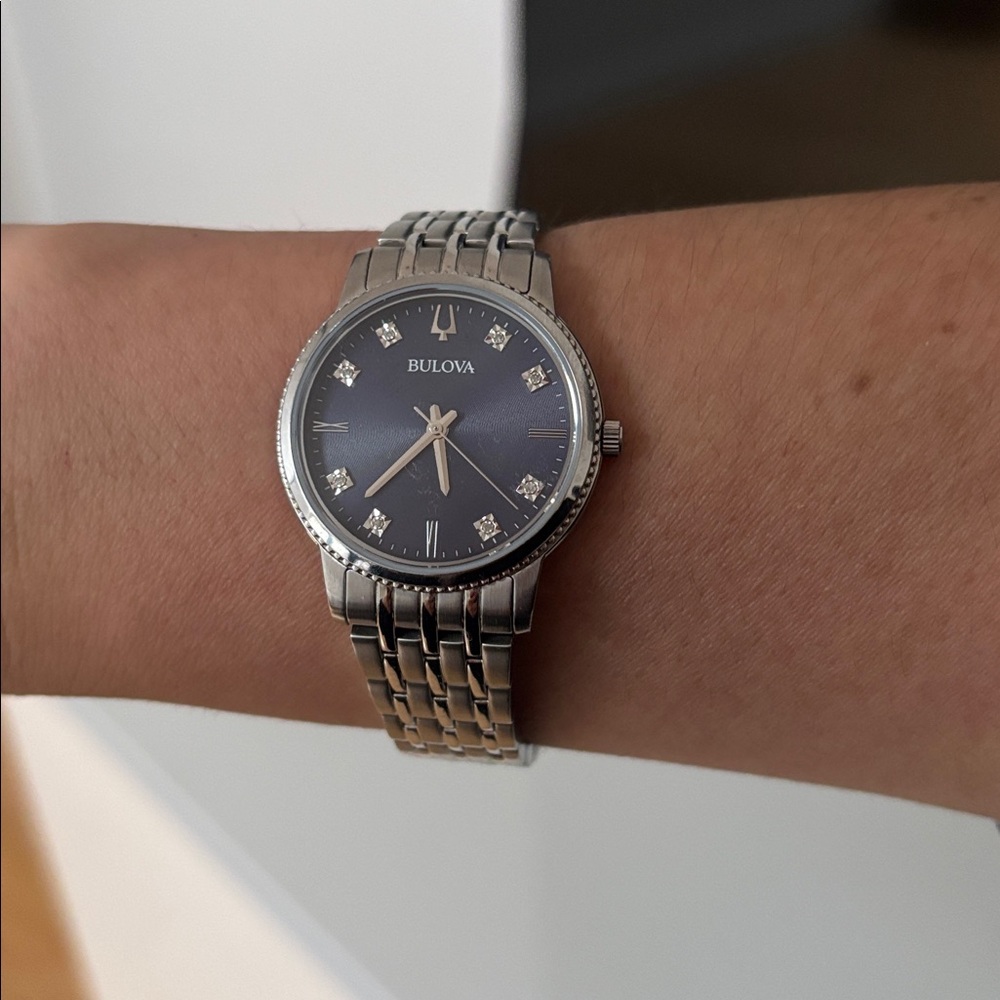 Bulova Silver Watch with Deep Blue Dial